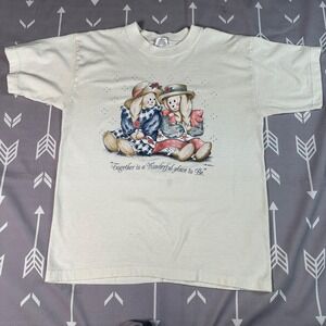 VTG Active Wear Graphic T Shirt Cream USA Made Bunnies‎ Graphic Grandmacore Sz M